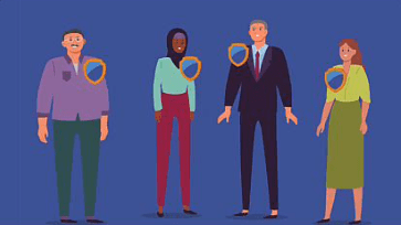 Cartoon image of 4 people wearing cybersecurity badges.