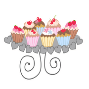 Cartoon image of colorful cupcakes on a table with hearts around its edge and curlicue legs.