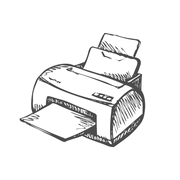 Line drawing of a small home or office printer.
