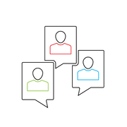 Icon of focus group — outlines of three talking heads, each in their own speech bubble, indicating that they are talking.