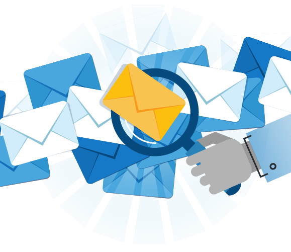 Cartoon of multiple blue and white envelopes. A hand holds a magnifying glass over one orange envelope, signifying that this is the one letter that is being searched for.