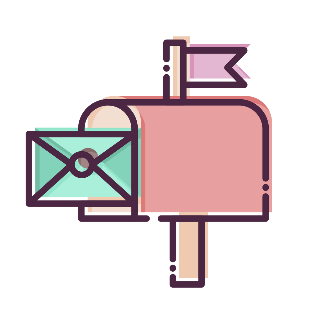 Cartoon image of a light brown mailbox. It has a pink colored flag which is up. There is an envelope inside the open door of the mailbox. The envelope is green