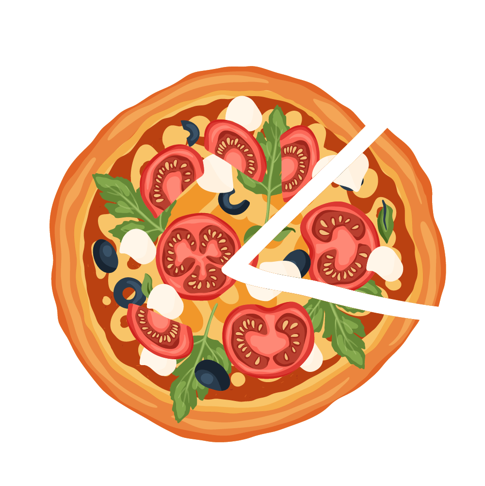 Cartoon image of a round pizza. There are tomatoes, lettuce, olives and cheese on the pizza. One triangular slice has been cut and is separted from the rest, indicating that it is about to be eaten.