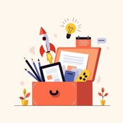 Cartoon Image of a box filled with papers, pens, etc.