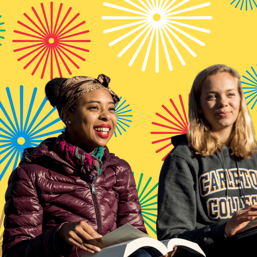 Two students read books outside on campus