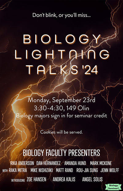 Poster for Biology Lightning Talks '24 on Monday, 9/23 from 3:30-4:30