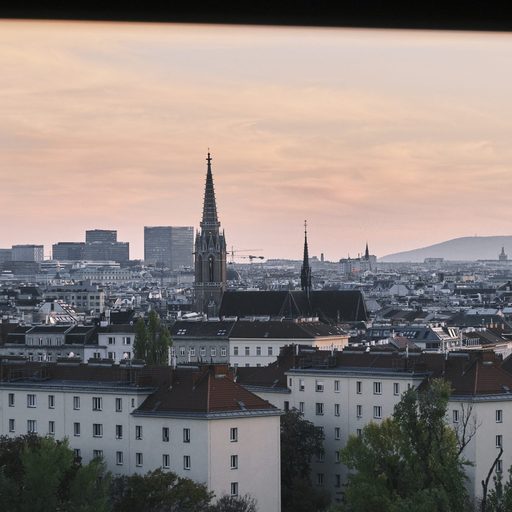 A view of the Vienna skyline at dusk.