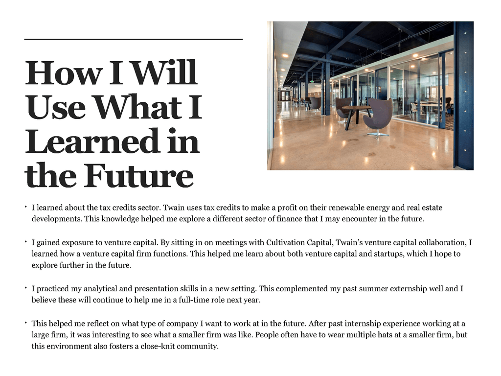 Text on white slide describing how I will use what I learned in the future, with a picture of an office