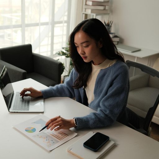 A young woman with long dark hair sits at a white desk, using a laptop while reviewing a document with colorful charts and graphs. She is wearing a blue cardigan and pointing at a line graph with a pen.