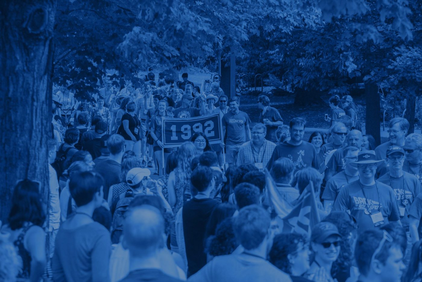 Reunion Parade of Classes, with a blue filter applied to the image