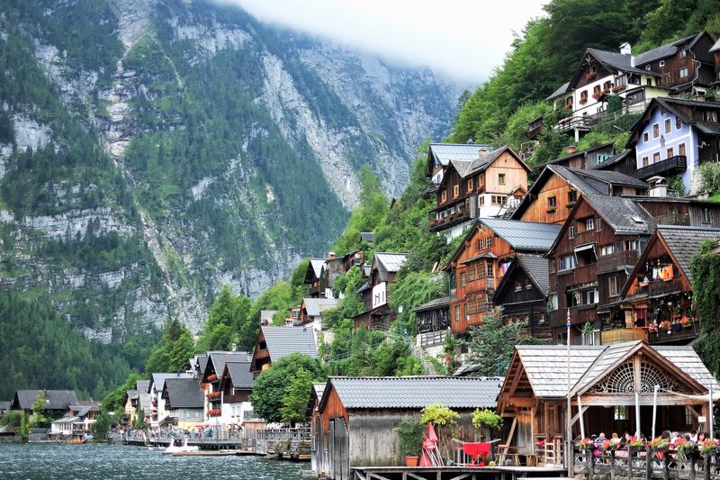 view of austrian town on the side of a mountain