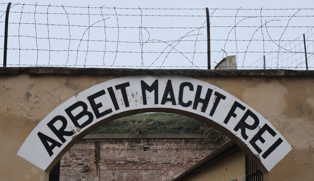 sign with "arbeit macht frei" from terezin prison
