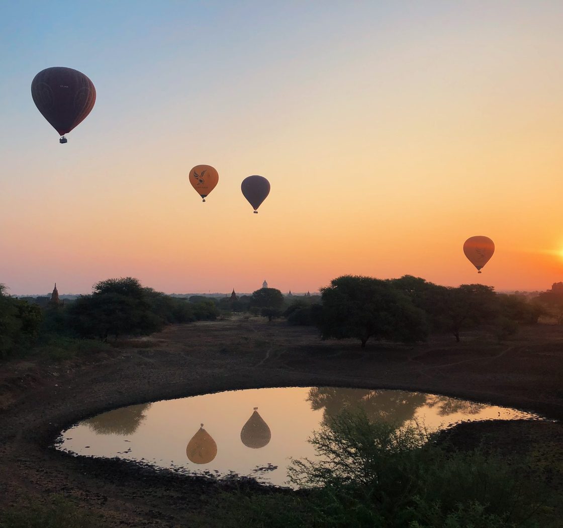 hot air balloons during sunset