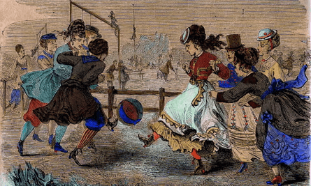girls play soccer in period clothing