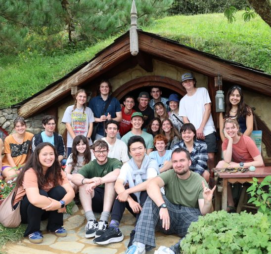 Students in Hobbiton in New Zealand