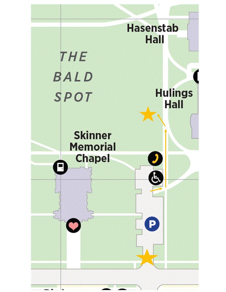 map of campus showing handicap parking to the east of Skinner Chapel.