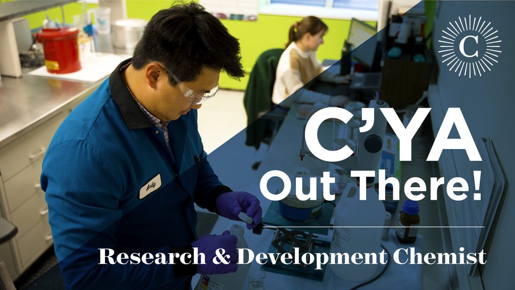Graphic reading "C'YA Out There! Research & Development Chemist" on top of a photo of Andy Tangen.