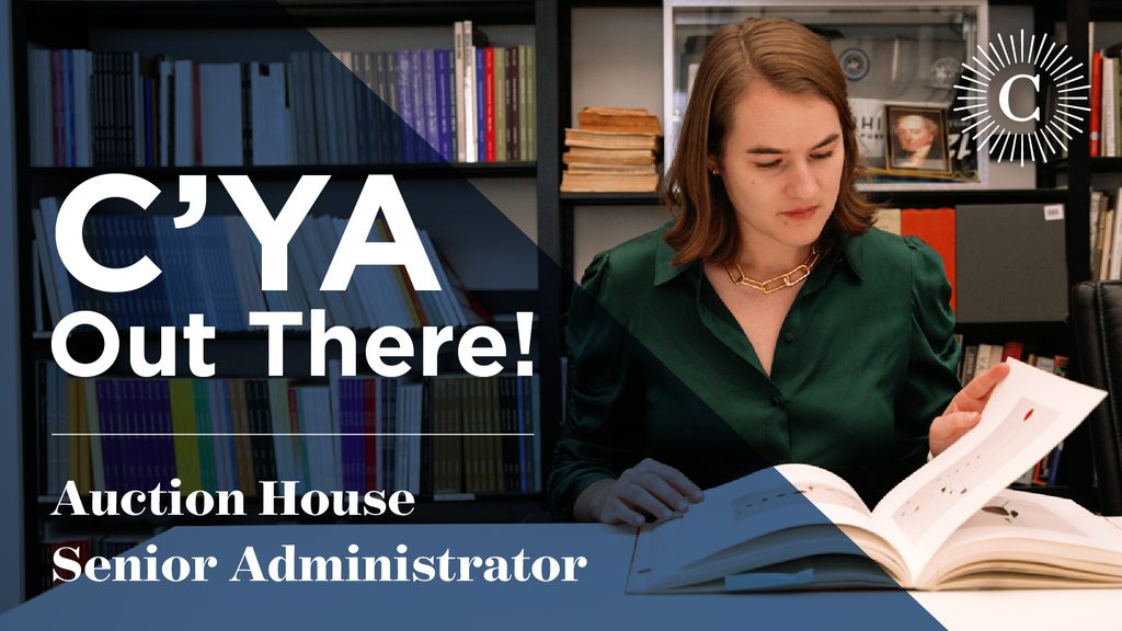 Graphic reading "C'YA Out There! Auction House Senior Administrator" on top of a photo of Fiona Fraser.