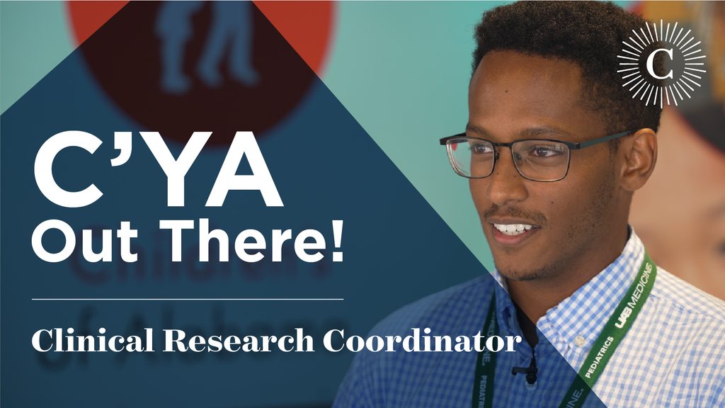 Graphic reading "C'YA Out There! Clinical Research Coordinator" on top of a photo of Raba Tefera.