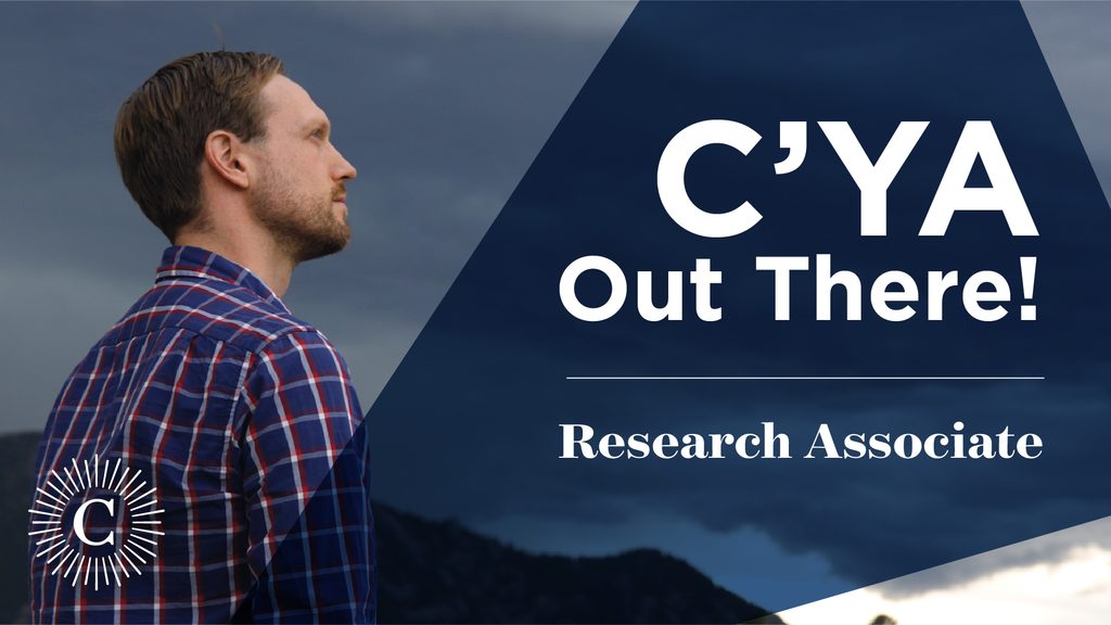 Graphic reading "C'YA Out There! Research Associate" on top of a photo of Tyler Mixa.