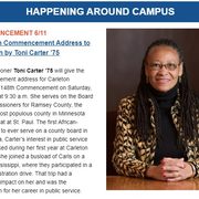 Screenshot of Happening Around Campus section of Carleton Today's June 2, 2022 issue featuring Toni Carter '75 as the 2022 Commencement Speaker