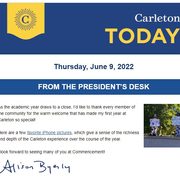Screenshot of the From the President's Desk section of the Carleton Today newsletter on June 9, 2022 that includes a photo of students welcoming folks to campus