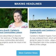 Screenshot of the Making Headlines section of the Sept. 29, 2022 issue of Carleton Today that features Q&A with Marcy Averill and news about Carleton's student organic farm's sustainability