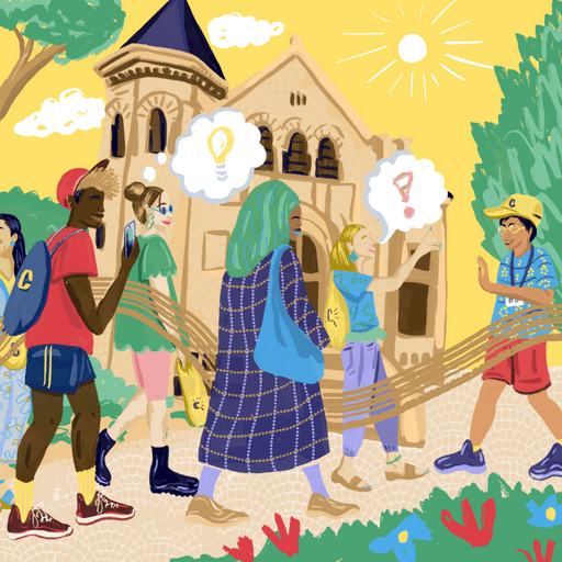 Illustration of campus tour in front of Scoville Hall.