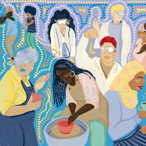 Illustration: A variety of Carleton students and professors collaborate in the classroom Students dance; a professor and student work clay on a pottery wheel, students inspect a flask in a science lab, and students read.