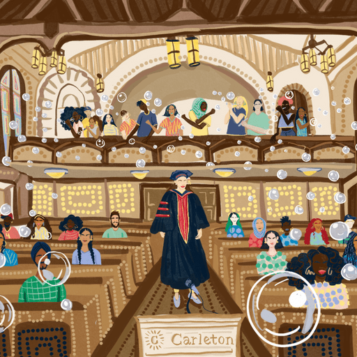 Illustration of Opening Convocation in Skinner Memorial Chapel. Students blow bubbles from the balcony as a professor walks down the aisle in regalia.