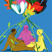 A colorful illustration of three people sitting and talking together underneath a tent made of flowers