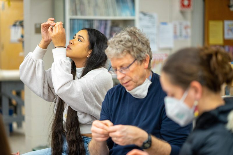 Professor and students participate in birch bark biting in a classroom