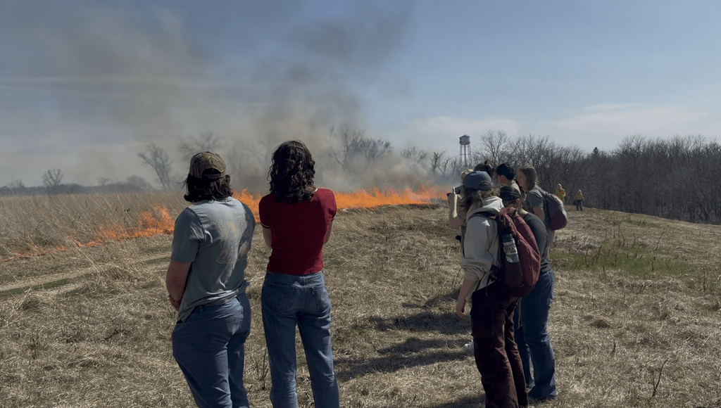 Students observe a prescribed prairie burn at the Cowling Arboretum