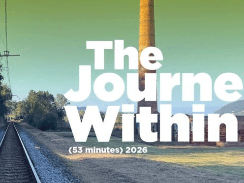 railroad track with film title