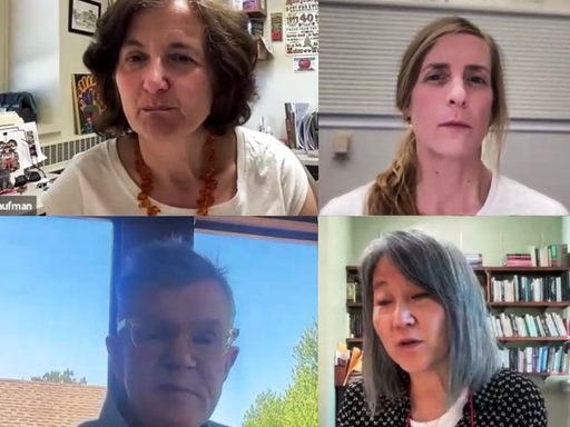 Zoom screen with Helena Kaufman, Eleanor Jensen, Bob Carlson, and Nancy Cho