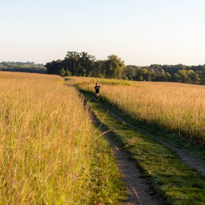 A person runs on a path that cuts through prairie land.