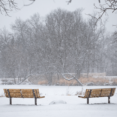 The photo contains two benches with snow falling.