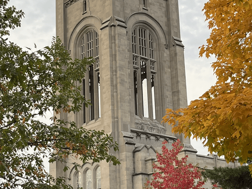 Skinner Memorial Chapel framed by autumn leaves