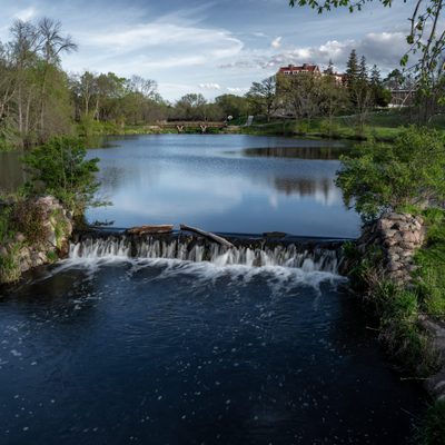 Small waterfall in Lyman Lakes, with Evans visible in the background.