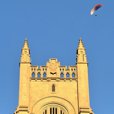Five people gliding through the chapel
