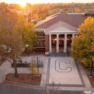 fall aerial view of sayles-hill campus center