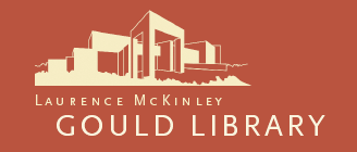 white Laurence McKinley Gould Library logo on burnt orange square