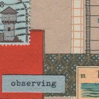 postcard with construction paper, a stamp and text that reads