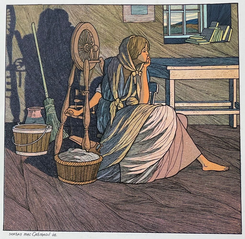 Woman sitting next to a spindle and cleaning supplies while looking into the distance thinking.