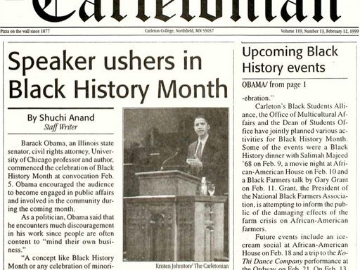The front page of The Carletonian, showing a photograph of Barack Obama speaking at convocation in February, 1999
