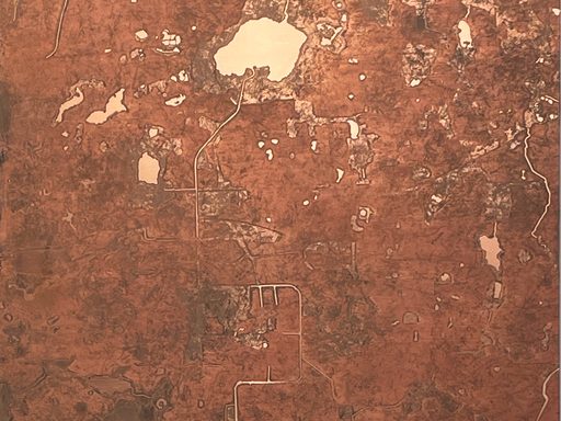 An image of an etched and oxidized copper plate made by the artist and evoking a map-like pattern