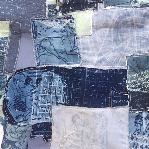 A collage of patchwork fabric printed with cyanotype images and text