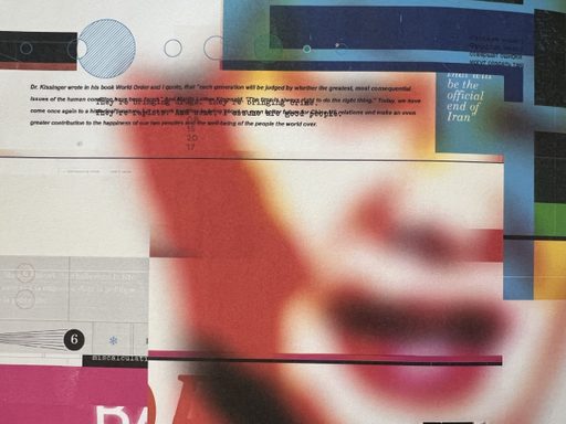A vibrant multimedia book cover, with a blurry face overlayed by the quote 