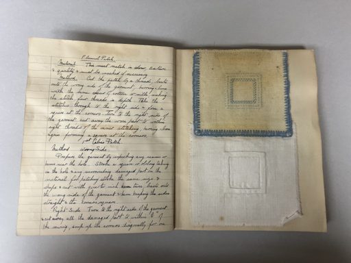 a book showing handwritten instructions on the left, with an embroidered sewing sample on the right