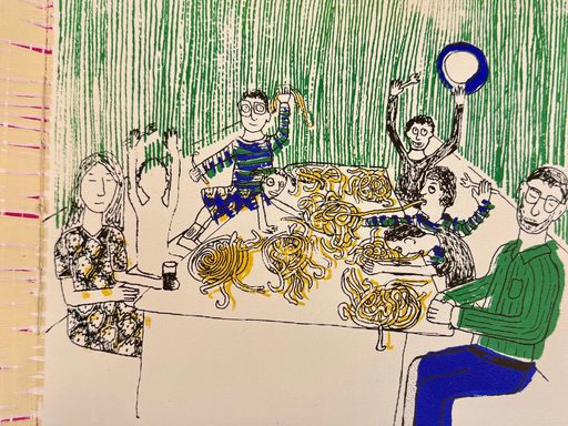 a screenprinted illustration of a family eating spaghetti where one family member is only an outline